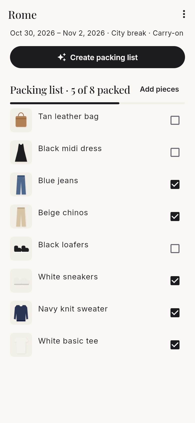 Packing list